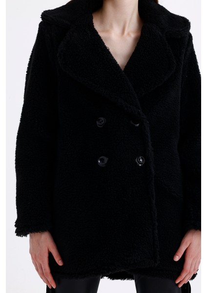 Astarlı Kruvaze Kürk Kaban | KBN32383 Siyah