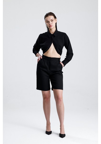 Metal Fermuarlı Bermuda Şort | ŞRT35934 Siyah