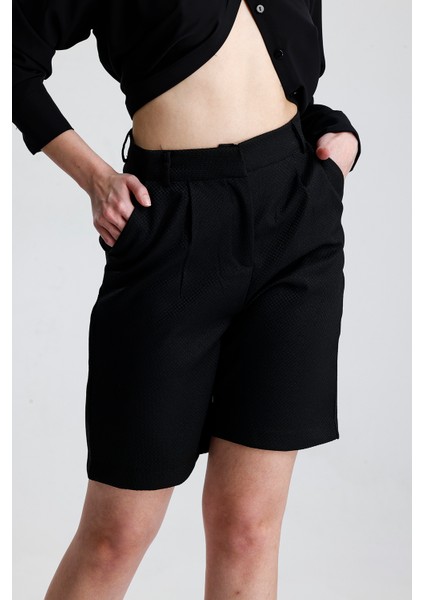 Metal Fermuarlı Bermuda Şort | ŞRT35934 Siyah