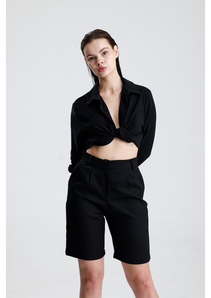 Metal Fermuarlı Bermuda Şort | ŞRT35934 Siyah