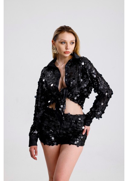 Astarlı Pul Detaylı Abiye Payet Şort | ŞRT36396 Siyah