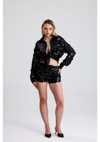 Astarlı Pul Detaylı Abiye Payet Şort | ŞRT36396 Siyah