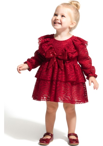 Kız Bebek Elbise Kız Çocuk Elbise Yakalı Doğum Günü Parti Düğün Özel Gün Uzun Kol Fiyonklu Astarlı