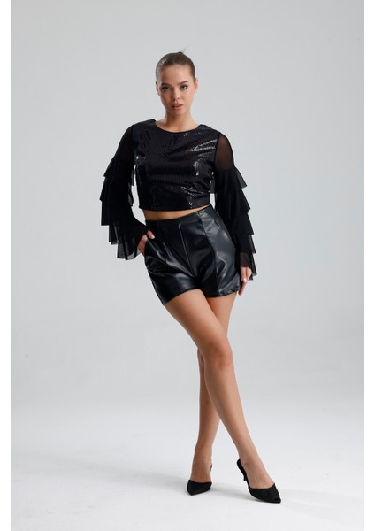 Suni Deri Yüksek Bel Şort | ŞRT34533 Siyah