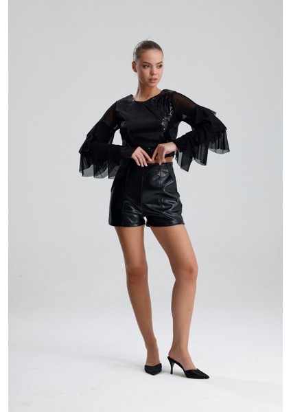 Suni Deri Yüksek Bel Şort | ŞRT34533 Siyah modelleri