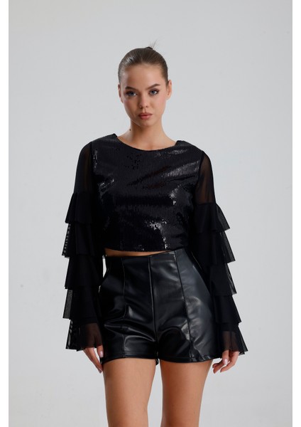 Suni Deri Yüksek Bel Şort | ŞRT34533 Siyah fırsatları