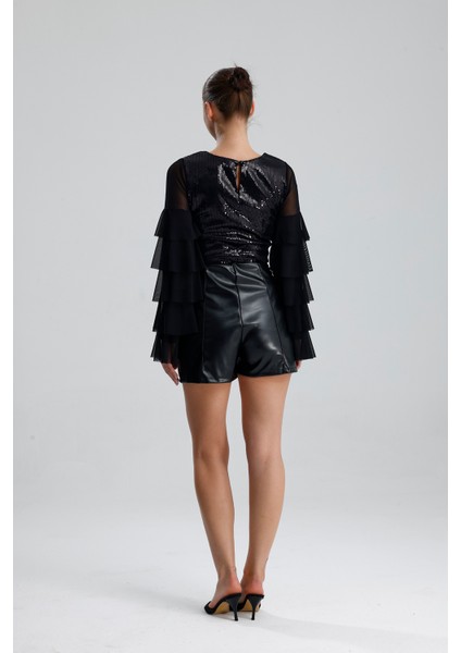 Suni Deri Yüksek Bel Şort | ŞRT34533 Siyah indirimleri