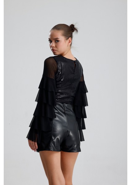 Suni Deri Yüksek Bel Şort | ŞRT34533 Siyah