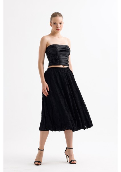 Astarlı Esnek Bel Dantel Balon Etek | ETK35956 Siyah