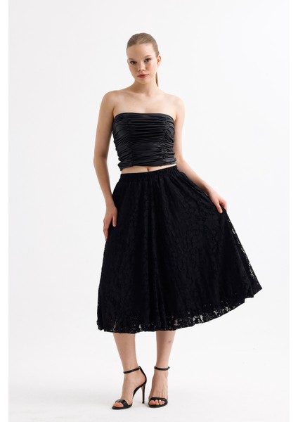 Astarlı Esnek Bel Dantel Balon Etek | ETK35956 Siyah fiyatları
