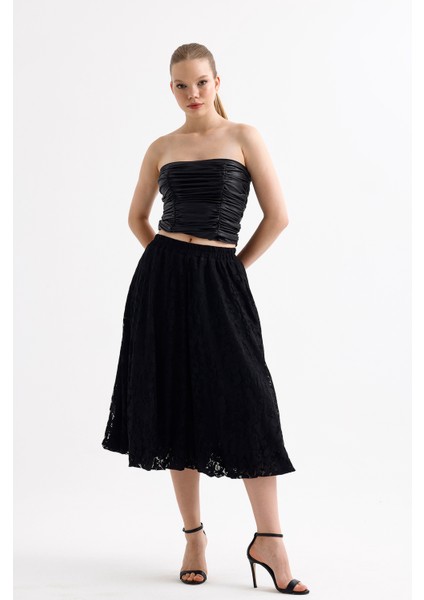 Astarlı Esnek Bel Dantel Balon Etek | ETK35956 Siyah modelleri