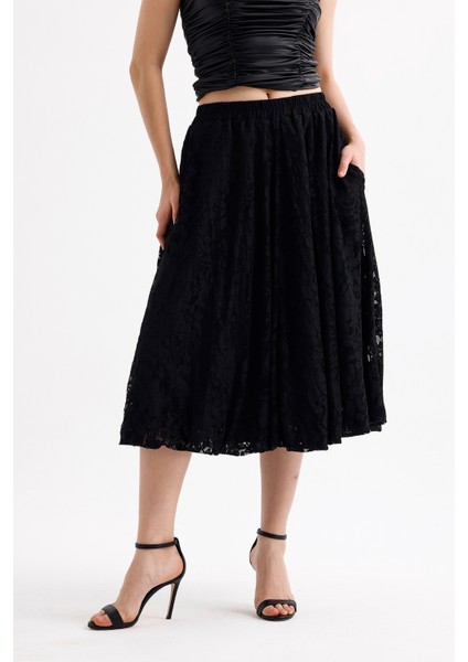 Astarlı Esnek Bel Dantel Balon Etek | ETK35956 Siyah fırsatları