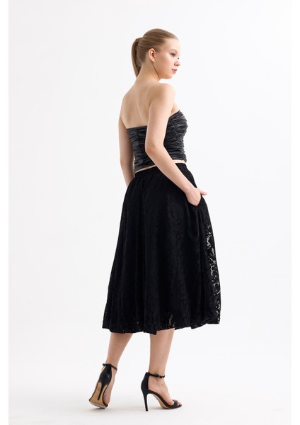 Astarlı Esnek Bel Dantel Balon Etek | ETK35956 Siyah indirimleri