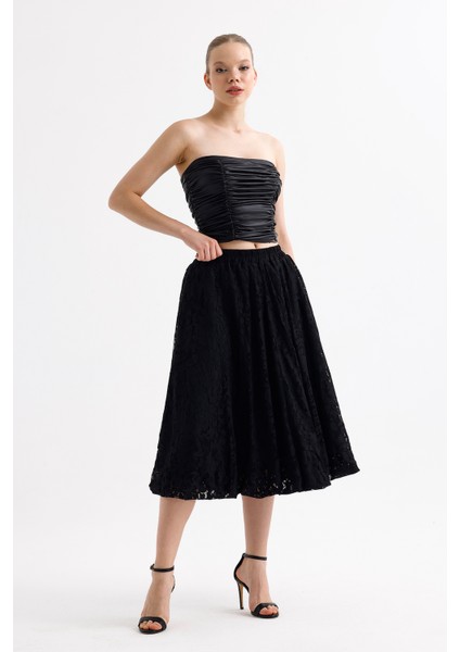 Astarlı Esnek Bel Dantel Balon Etek | ETK35956 Siyah