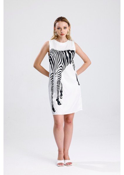 Havuz Yaka Dijital Baskılı Saten Elbise | ELB36420 Beyaz fiyatları