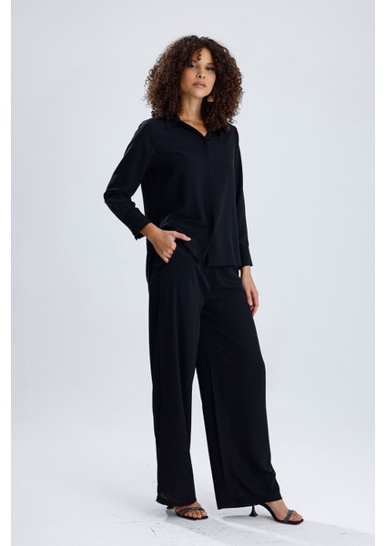 Esnek Bel Cep Detaylı Bol Paça Dupai Pantolon | PNT36144