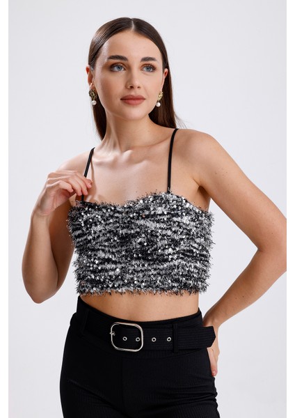 Arkası Fermuarlı Gloplu Askılı Sakallı Payet Bustiyer | BUST34594 Siyah Gri