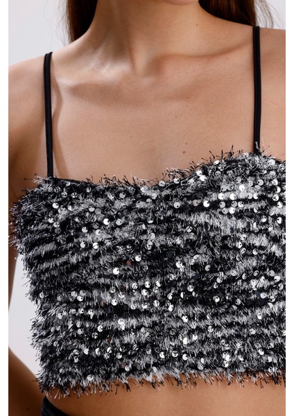 Arkası Fermuarlı Gloplu Askılı Sakallı Payet Bustiyer | BUST34594 Siyah Gri fırsatları