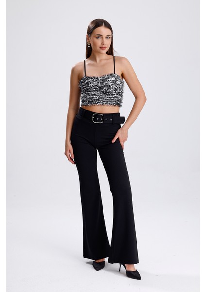 Arkası Fermuarlı Gloplu Askılı Sakallı Payet Bustiyer | BUST34594 Siyah Gri