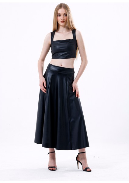 Geniş Kemerli Suni Deri Kloş Etek | ETK35891 Siyah
