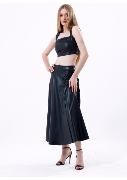 Geniş Kemerli Suni Deri Kloş Etek | ETK35891 Siyah fiyatları