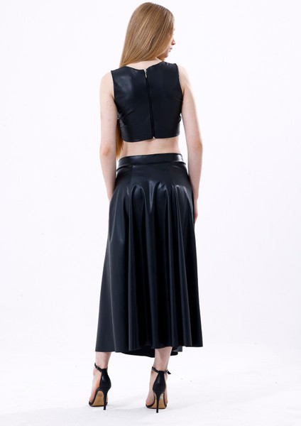 Geniş Kemerli Suni Deri Kloş Etek | ETK35891 Siyah indirimleri