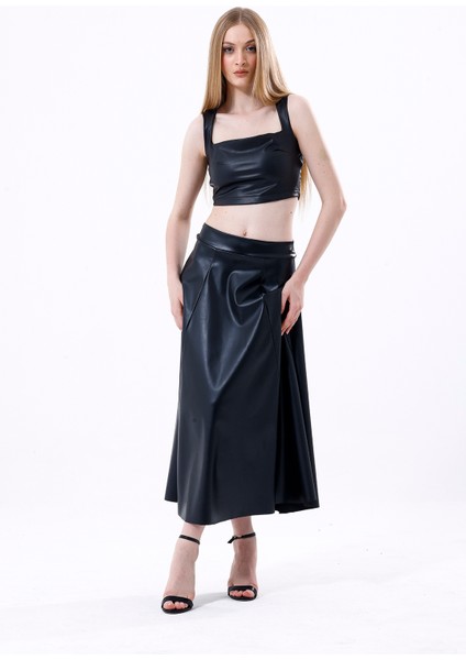 Geniş Kemerli Suni Deri Kloş Etek | ETK35891 Siyah