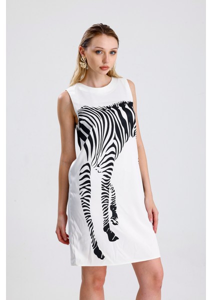 Havuz Yaka Dijital Baskılı Saten Elbise | ELB36420 Beyaz modelleri