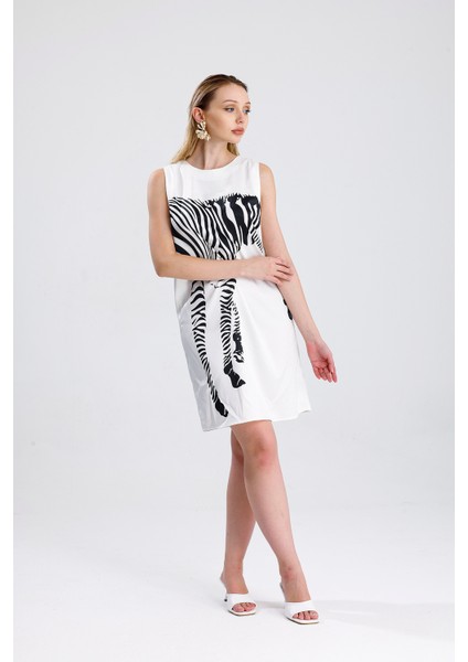 Havuz Yaka Dijital Baskılı Saten Elbise | ELB36420 Beyaz