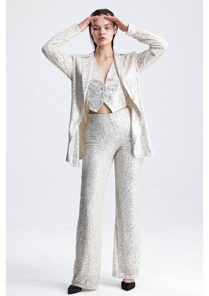 Payetli Yelekli Kadınabiye Takım - Şık Blazer Ceket, Yelek ve Pantolon Bej