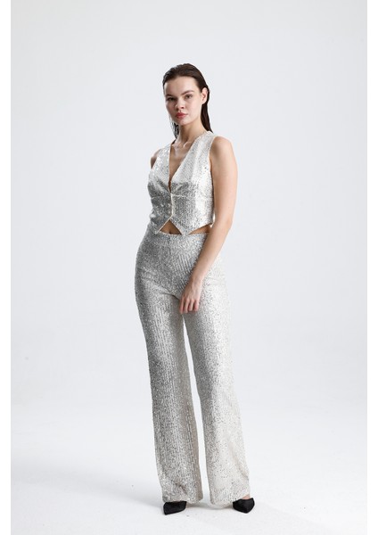 Payetli Yelekli Kadınabiye Takım - Şık Blazer Ceket, Yelek ve Pantolon Bej modelleri