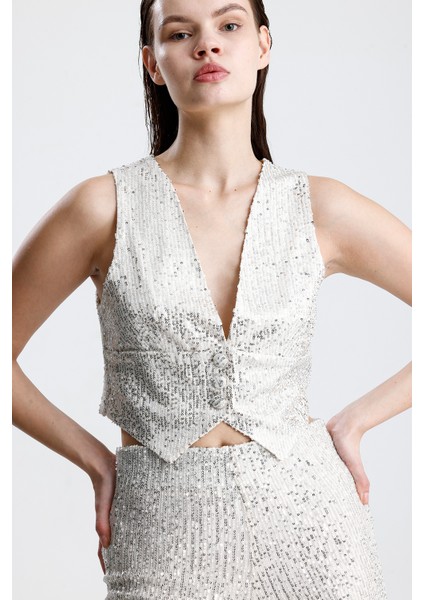 Payetli Yelekli Kadınabiye Takım - Şık Blazer Ceket, Yelek ve Pantolon Bej fırsatları