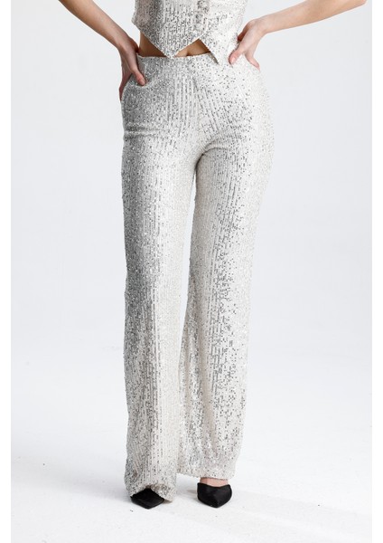 Payetli Yelekli Kadınabiye Takım - Şık Blazer Ceket, Yelek ve Pantolon Bej