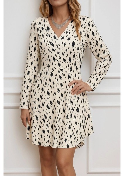 Kadın Uzun Kollu V Yakalı Desenli Kısa Keten Elbise modelleri