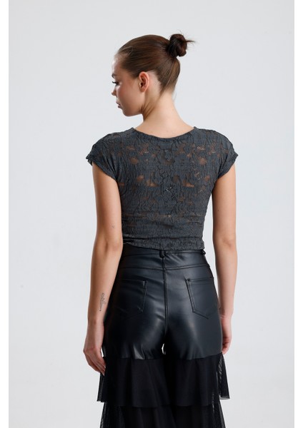 Dantel Transparan Kısa Kollu Bluz | BUST35379 Grı indirimleri