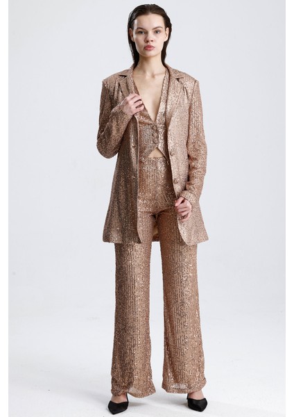 Payetli Yelekli Kadınabiye Takım - Şık Blazer Ceket, Yelek ve Pantolon Sütlü Kahve