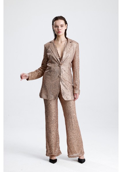 Payetli Yelekli Kadınabiye Takım - Şık Blazer Ceket, Yelek ve Pantolon Sütlü Kahve fiyatları