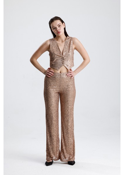 Payetli Yelekli Kadınabiye Takım - Şık Blazer Ceket, Yelek ve Pantolon Sütlü Kahve modelleri
