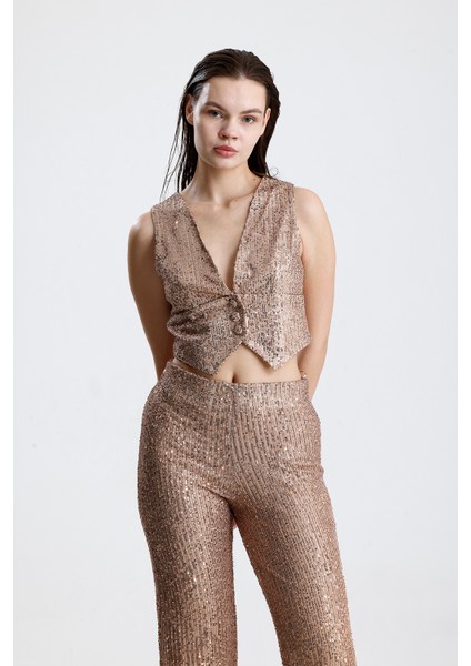 Payetli Yelekli Kadınabiye Takım - Şık Blazer Ceket, Yelek ve Pantolon Sütlü Kahve fırsatları