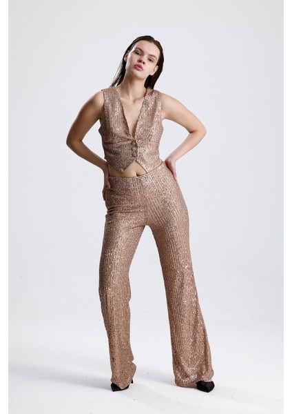 Payetli Yelekli Kadınabiye Takım - Şık Blazer Ceket, Yelek ve Pantolon Sütlü Kahve