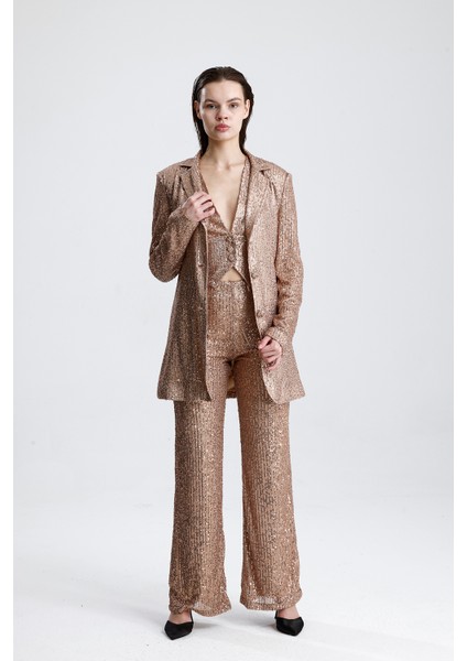 Payetli Yelekli Kadınabiye Takım - Şık Blazer Ceket, Yelek ve Pantolon Sütlü Kahve