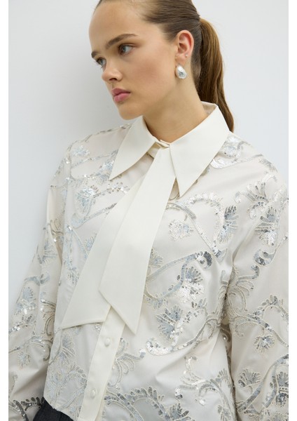 Payet Nakışlı Seyyar Fularlı Gömlek Krem K2613529_047