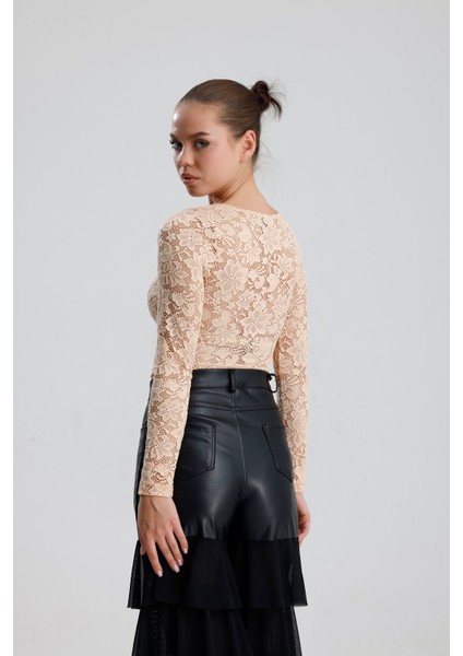 Dantel Uzun Kollu Crop Bluz | BUST36259 Somon indirimleri