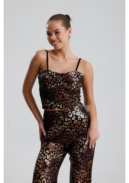 Gloplu Fermuarlı Pul Payet Bustiyer | BUS32675 Siyah Bronz Leopar fiyatları