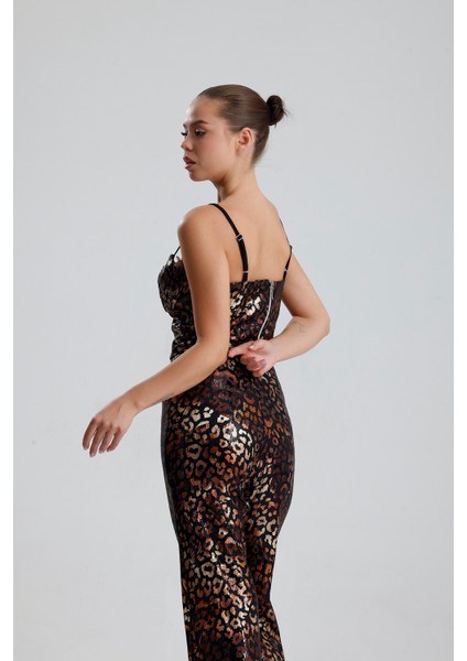 Gloplu Fermuarlı Pul Payet Bustiyer | BUS32675 Siyah Bronz Leopar indirimleri