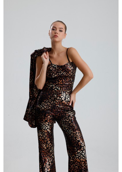 Gloplu Fermuarlı Pul Payet Bustiyer | BUS32675 Siyah Bronz Leopar