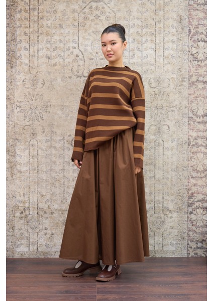Çizgili Kahverengi Oversize Triko Kazak fiyatları