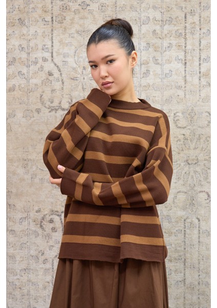 Çizgili Kahverengi Oversize Triko Kazak modelleri