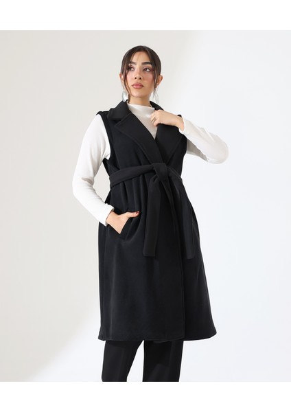Kadın Çift Cep Bağlamalı Uzun Yelek