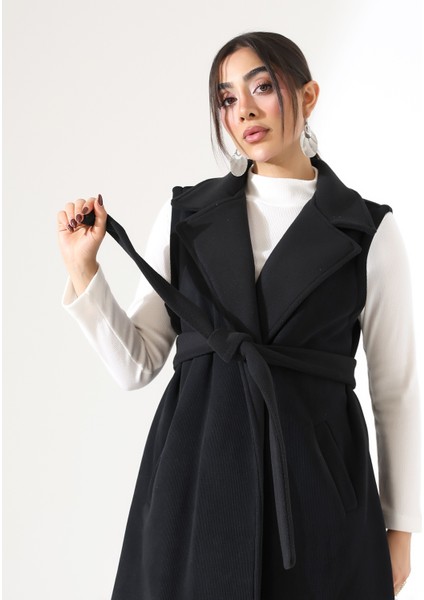 Kadın Çift Cep Bağlamalı Uzun Yelek